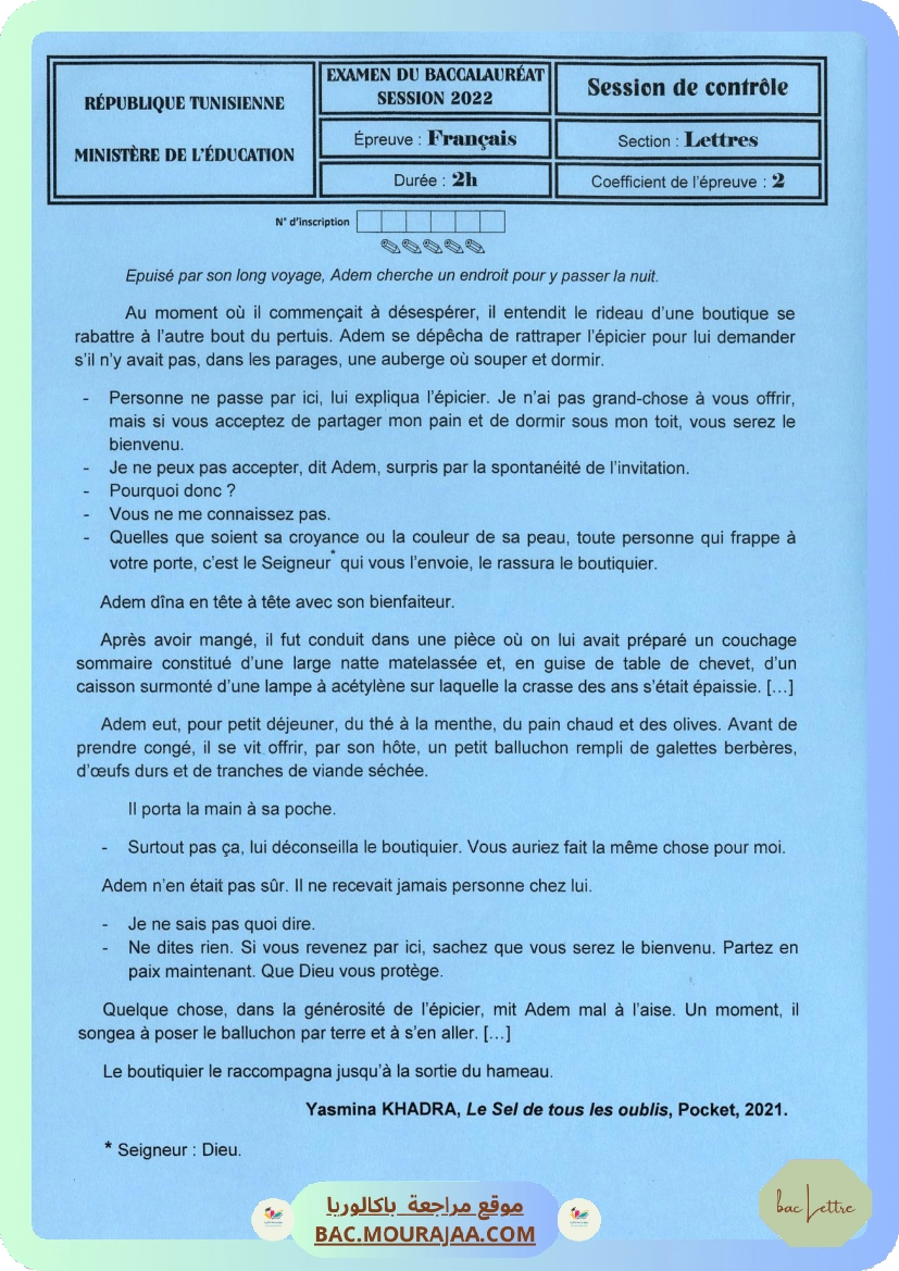 Sujet controle francais Bac 2022 – Section lettre